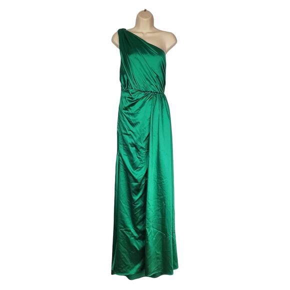 IEENA for Mac Duggal Gathered One Shoulder Satin Gown Emerald Green 26654 Size 2 - Picture 2 of 12